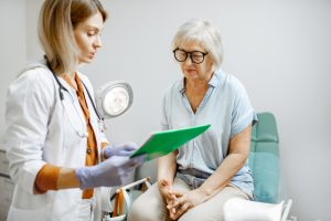 NP talking to patient about menopause treatments